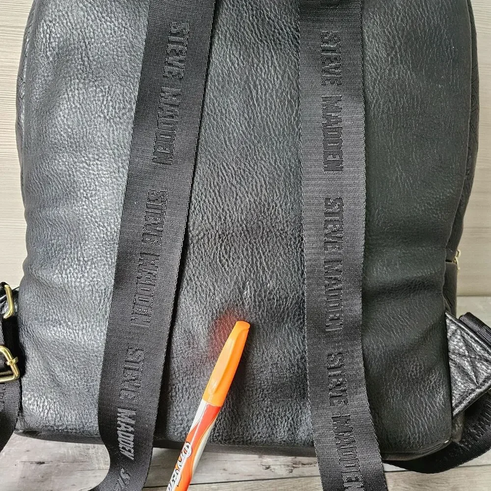 Steve Madden Black Backpack Bag Gold Zippers Logo Gym City Minimalist‎ FLAWS